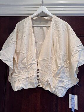 Cider Cotton-blend V-neck Solid Ruched Button Top Curve & Plus Size 5XL